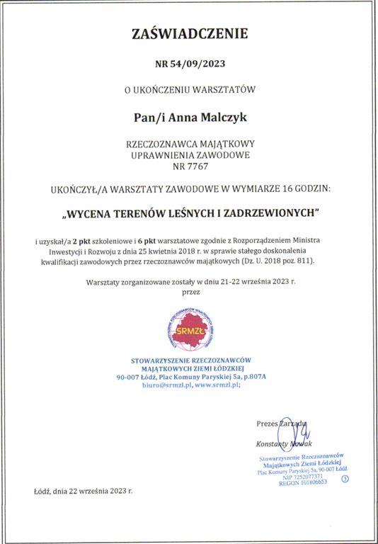 Certyfikat 7 - Zaświadczenie Wycena