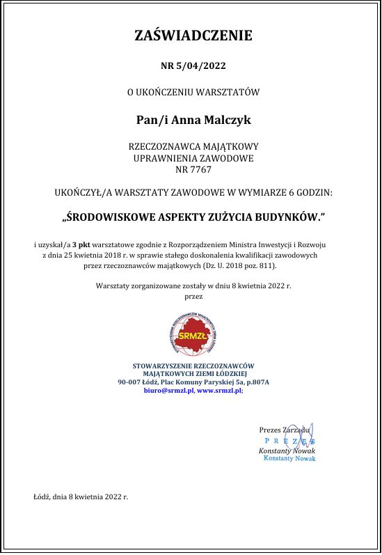Certyfikat 8 - Zużycie Budynków