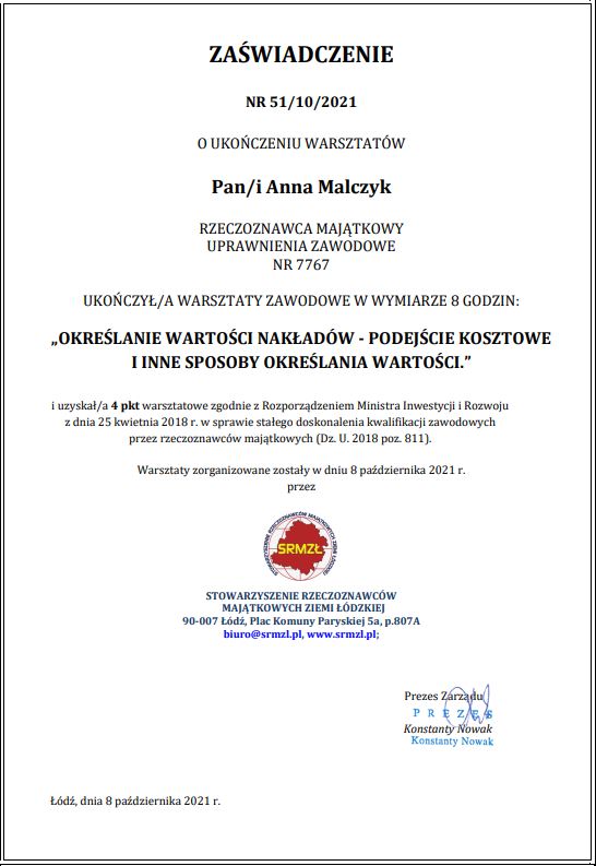 Certyfikat 2 - Nakłady